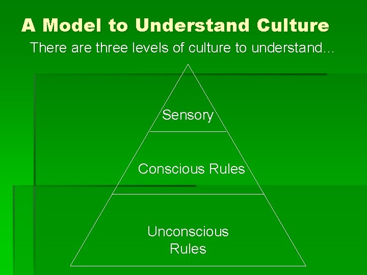 A Model to Understand Culture There are three levels of culture to understand… Sensory