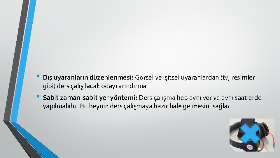  • Dış uyaranların düzenlenmesi: Görsel ve işitsel uyaranlardan (tv, resimler gibi) ders çalışılacak