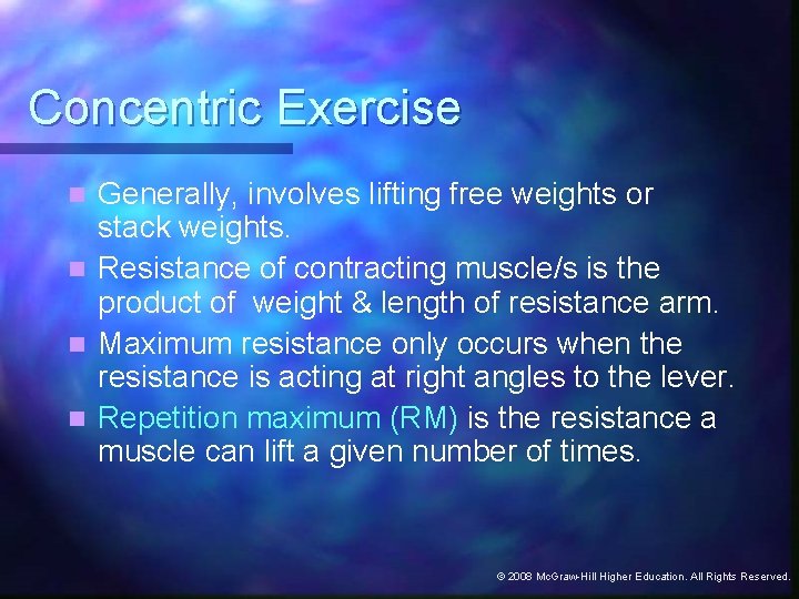 Concentric Exercise Generally, involves lifting free weights or stack weights. n Resistance of contracting