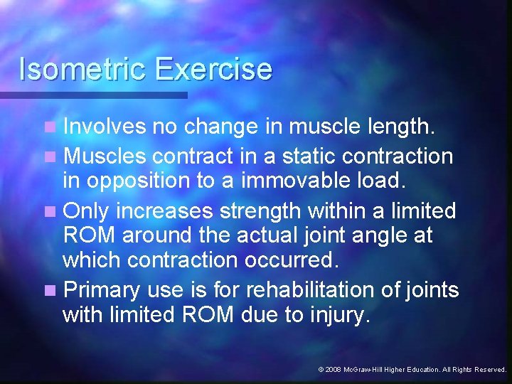 Isometric Exercise n Involves no change in muscle length. n Muscles contract in a