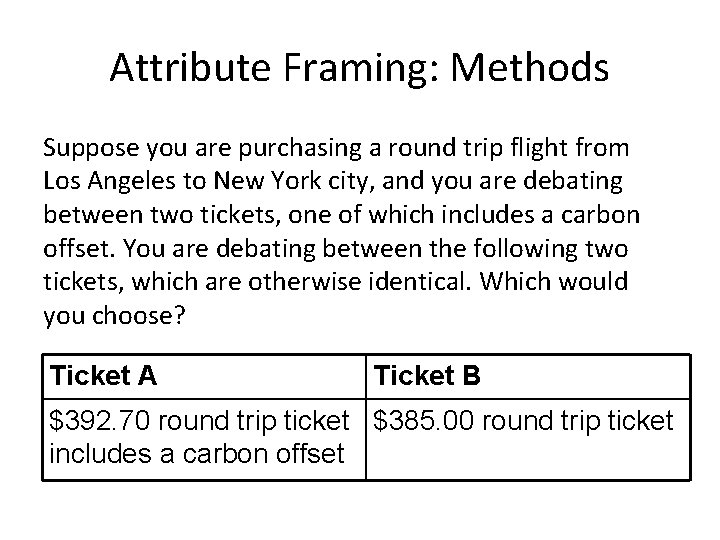 Attribute Framing: Methods Suppose you are purchasing a round trip flight from Los Angeles