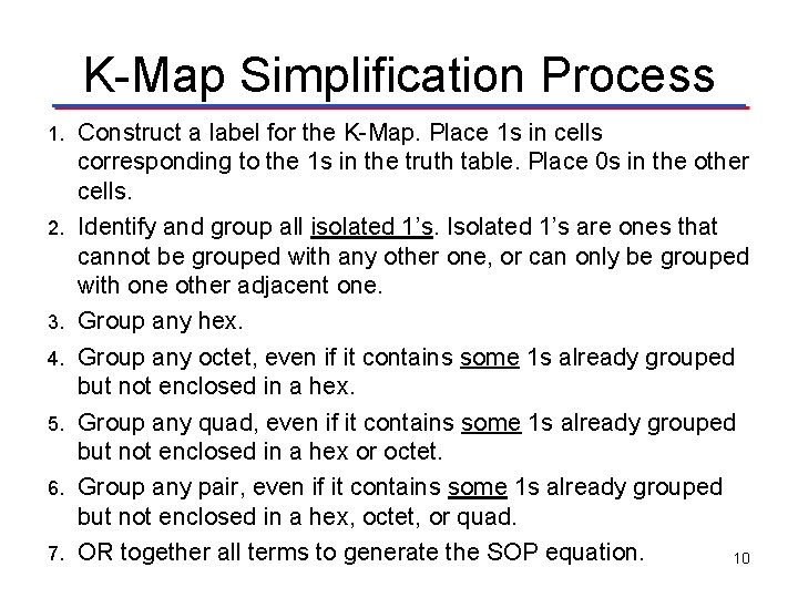 K-Map Simplification Process 1. 2. 3. 4. 5. 6. 7. Construct a label for