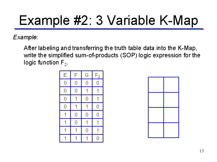 Example #2: 3 Variable K-Map Example: After labeling and transferring the truth table data