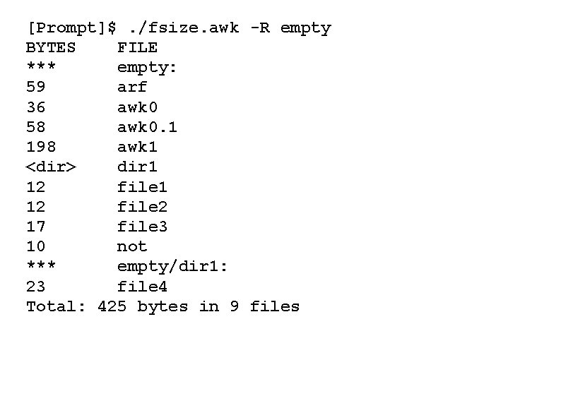 [Prompt]$. /fsize. awk -R empty BYTES FILE *** empty: 59 arf 36 awk 0