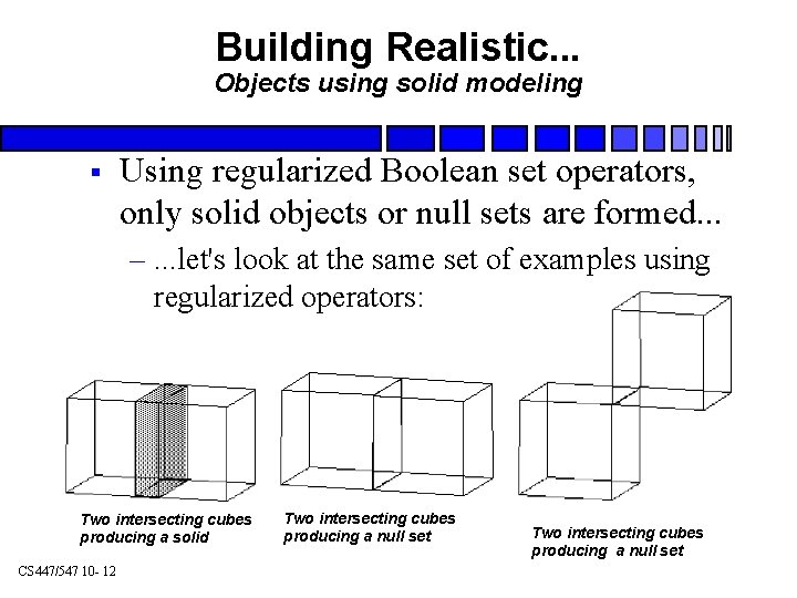 Building Realistic. . . Objects using solid modeling § Using regularized Boolean set operators,