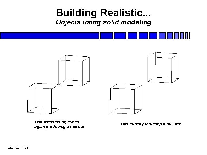 Building Realistic. . . Objects using solid modeling Two intersecting cubes again producing a