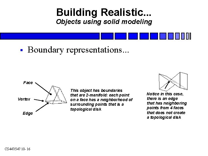 Building Realistic. . . Objects using solid modeling § Boundary representations. . . Face