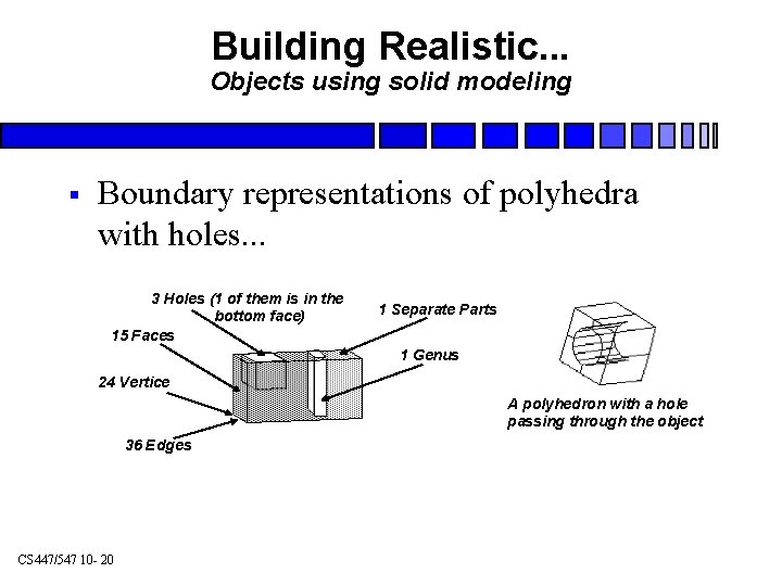 Building Realistic. . . Objects using solid modeling § Boundary representations of polyhedra with