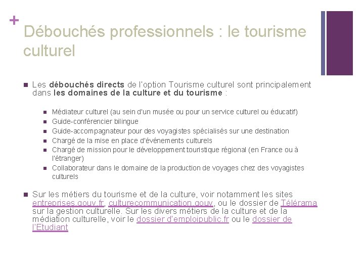 + Débouchés professionnels : le tourisme culturel n Les débouchés directs de l’option Tourisme