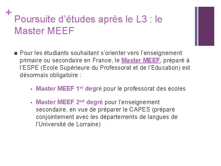 + Poursuite d’études après le L 3 : le Master MEEF n Pour les