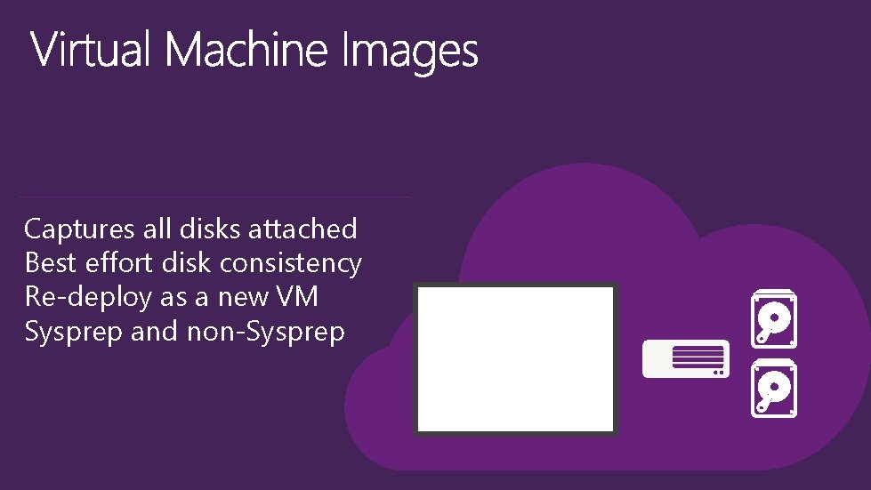 Captures all disks attached Best effort disk consistency Re-deploy as a new VM Sysprep