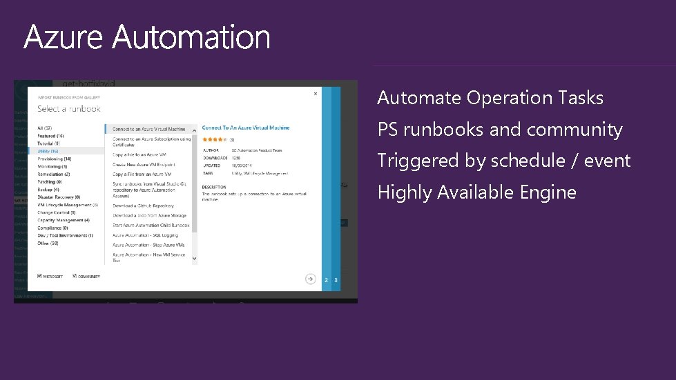Automate Operation Tasks PS runbooks and community Triggered by schedule / event Highly Available