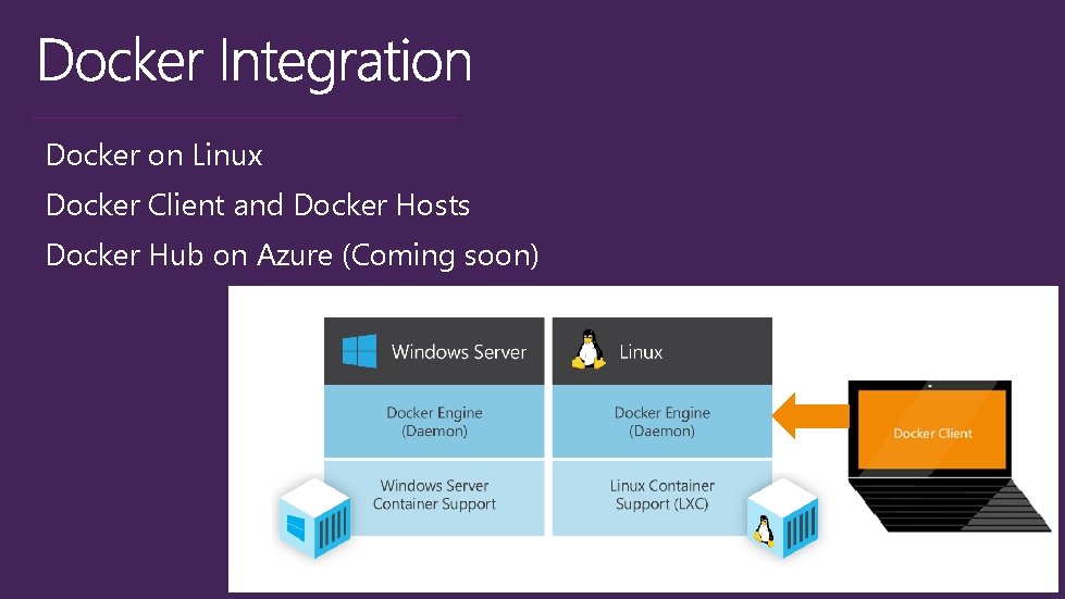 Docker on Linux Docker Client and Docker Hosts Docker Hub on Azure (Coming soon) Docker on Linux Docker Client and Docker Hosts Docker Hub on Azure (Coming soon)