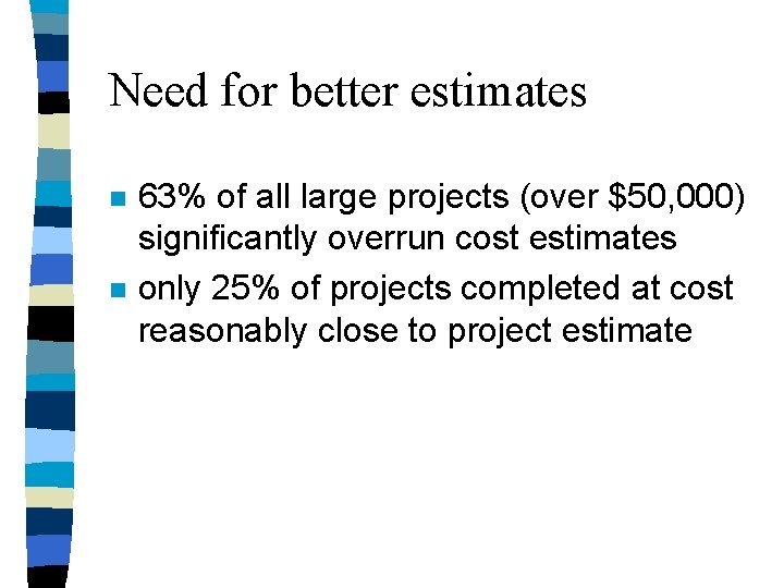 Need for better estimates n n 63% of all large projects (over $50, 000) Need for better estimates n n 63% of all large projects (over $50, 000)
