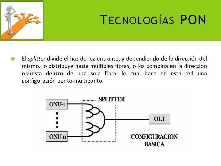 T ECNOLOGÍAS PON El splitter divide el haz de luz entrante, y dependiendo de