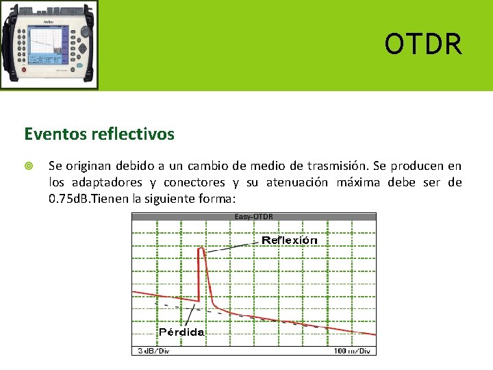 OTDR Eventos reflectivos Se originan debido a un cambio de medio de trasmisión. Se