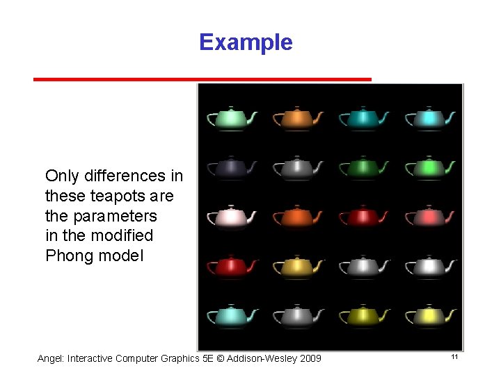 Example Only differences in these teapots are the parameters in the modified Phong model