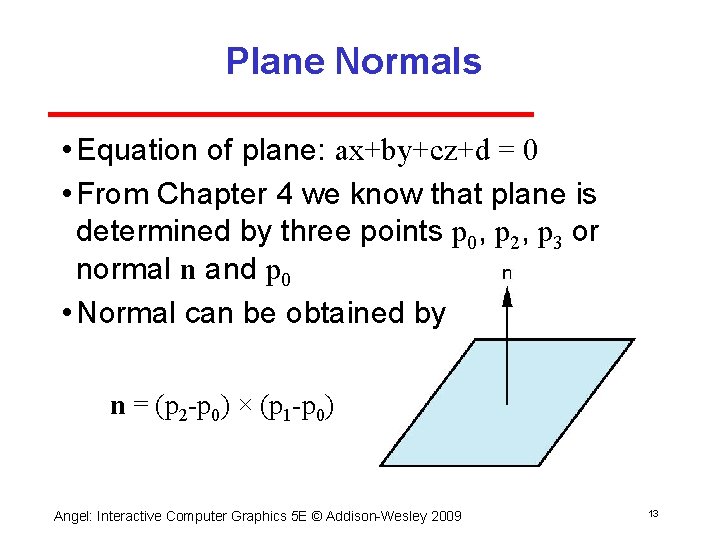 Plane Normals • Equation of plane: ax+by+cz+d = 0 • From Chapter 4 we