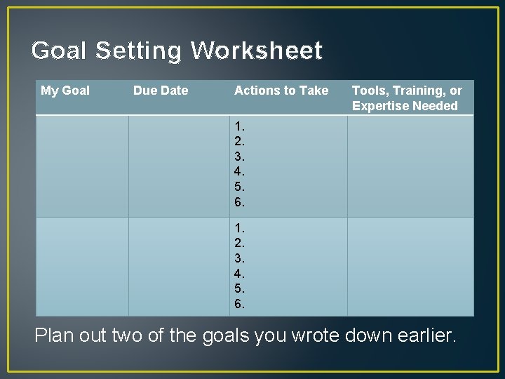 Goal Setting Worksheet My Goal Due Date Actions to Take Tools, Training, or Expertise Goal Setting Worksheet My Goal Due Date Actions to Take Tools, Training, or Expertise