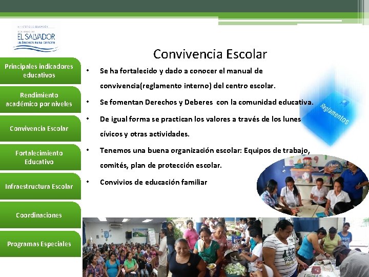 Principales indicadores educativos Convivencia Escolar • Se ha fortalecido y dado a conocer el