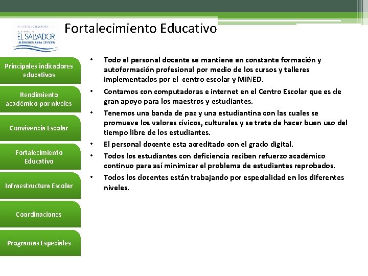 Fortalecimiento Educativo Principales indicadores educativos Rendimiento académico por niveles • • • Convivencia Escolar
