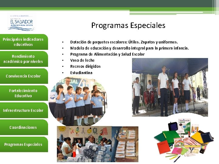 Programas Especiales Principales indicadores educativos Rendimiento académico por niveles Convivencia Escolar Fortalecimiento Educativo Infraestructura