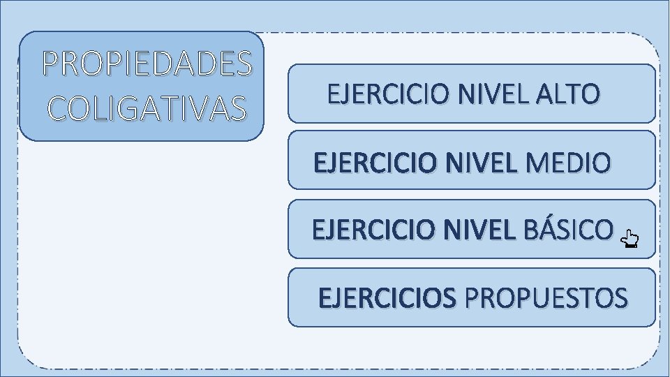 PROPIEDADES COLIGATIVAS EJERCICIO NIVEL ALTO EJERCICIO NIVEL MEDIO EJERCICIO NIVEL BÁSICO EJERCICIOS PROPUESTOS 