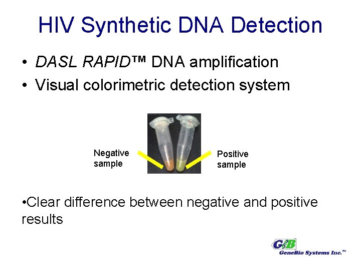 HIV Synthetic DNA Detection • DASL RAPID™ DNA amplification • Visual colorimetric detection system