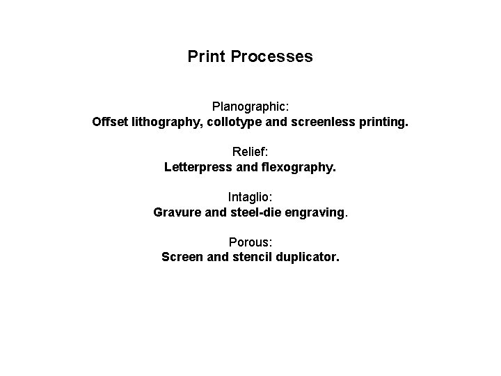 Print Processes Planographic: Offset lithography, collotype and screenless printing. Relief: Letterpress and flexography. Intaglio: