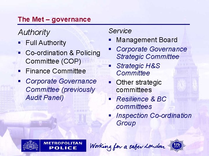 The Met – governance Authority § Full Authority § Co-ordination & Policing Committee (COP)