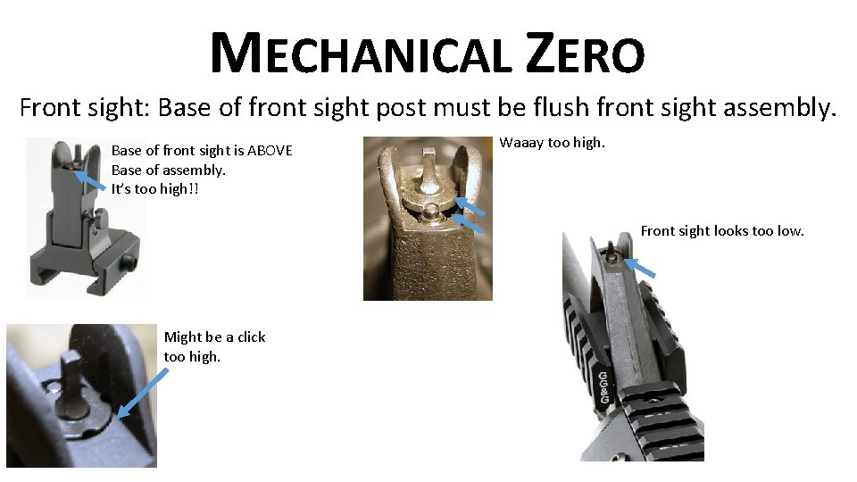 MECHANICAL ZERO Front sight: Base of front sight post must be flush front sight