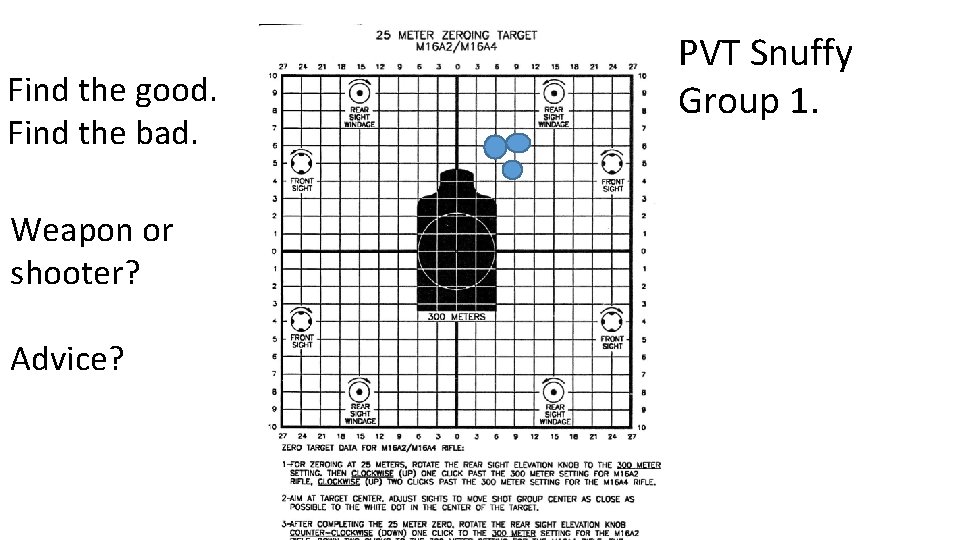 Find the good. Find the bad. Weapon or shooter? Advice? PVT Snuffy Group 1.