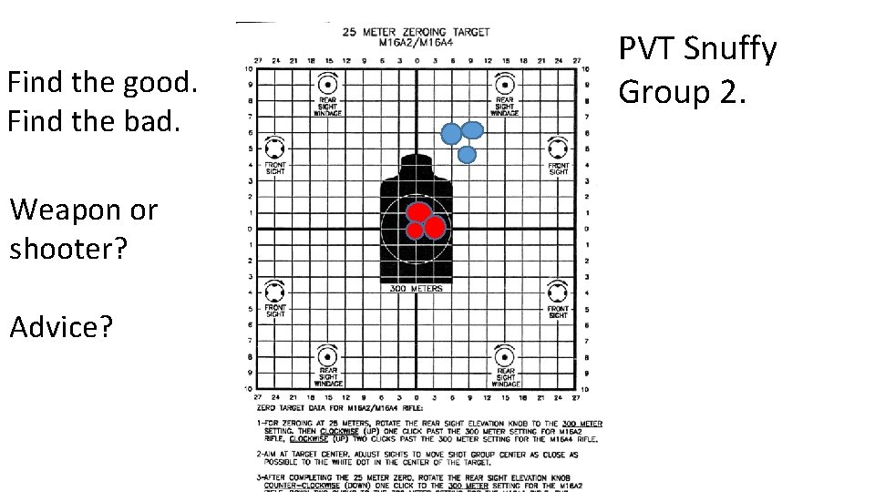 Find the good. Find the bad. Weapon or shooter? Advice? PVT Snuffy Group 2.