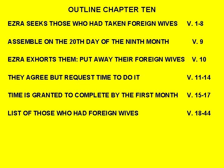 OUTLINE CHAPTER TEN EZRA SEEKS THOSE WHO HAD TAKEN FOREIGN WIVES V. 1 -8
