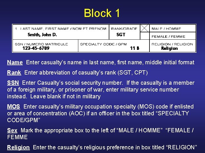 Block 1 Smith, John D. 123 -45 -6789 SGT 11 B Religion Name Enter