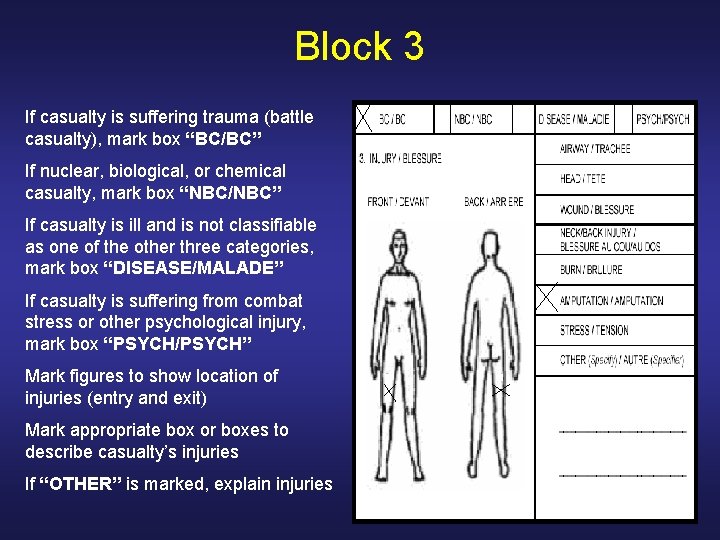 Block 3 If casualty is suffering trauma (battle casualty), mark box “BC/BC” If nuclear,