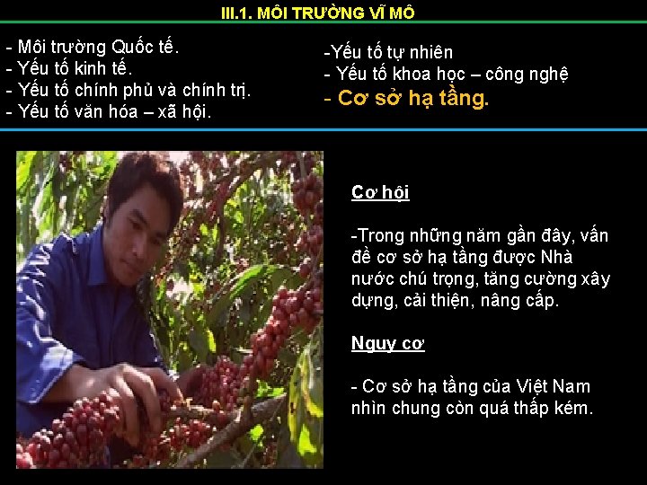 III. 1. MÔI TRƯỜNG VĨ MÔ - Môi trường Quốc tế. - Yếu tố