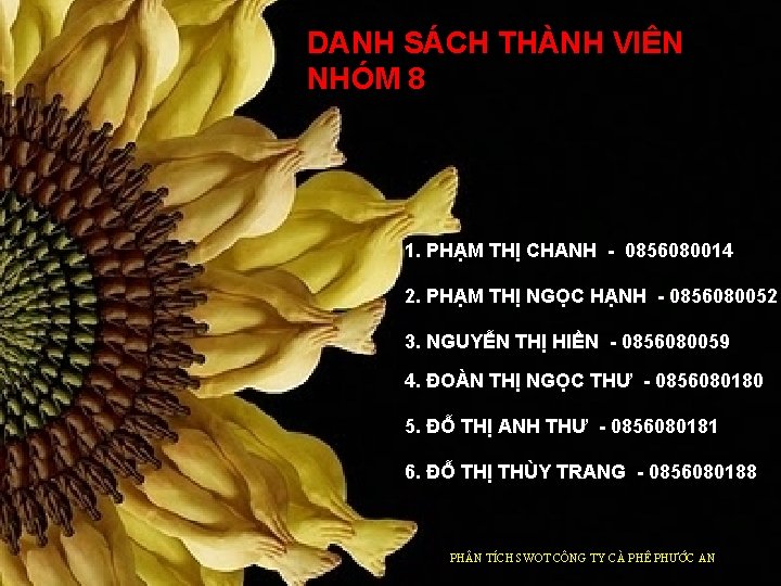 DANH SÁCH THÀNH VIÊN NHÓM 8 1. PHẠM THỊ CHANH - 0856080014 2. PHẠM