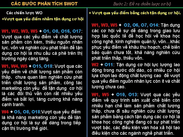 CÁC BƯỚC PH N TÍCH SWOT Các chiến lược WO +Vượt qua yếu điểm