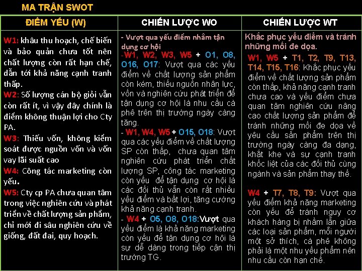 MA TRẬN SWOT ĐIỂM YẾU (W) W 1: khâu thu hoạch, chế biến và