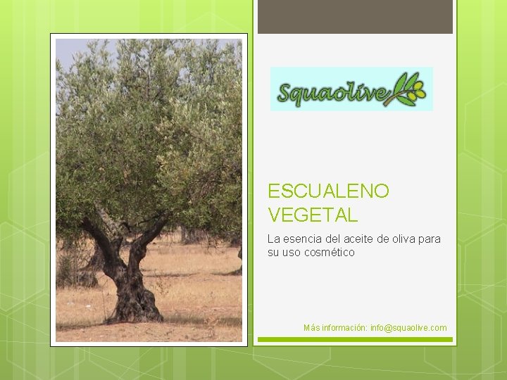 ESCUALENO VEGETAL La esencia del aceite de oliva para su uso cosmético Más información: