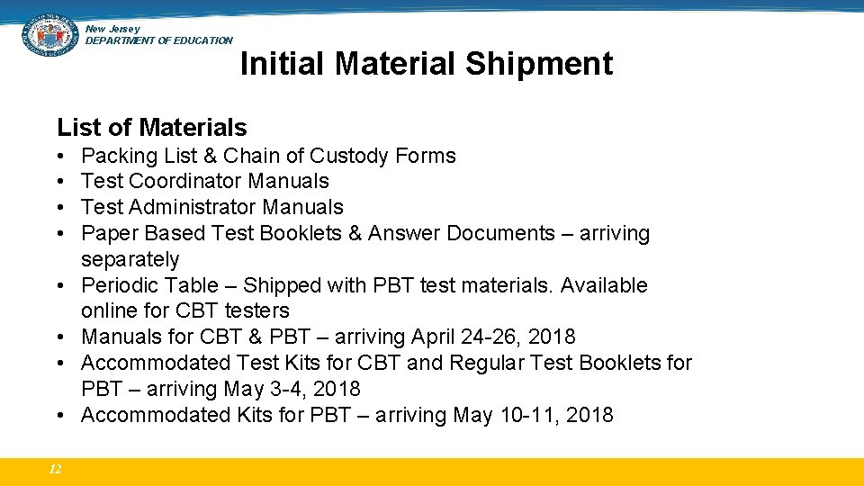 New Jersey DEPARTMENT OF EDUCATION Shipment Initial Material Shipment List of Materials • •