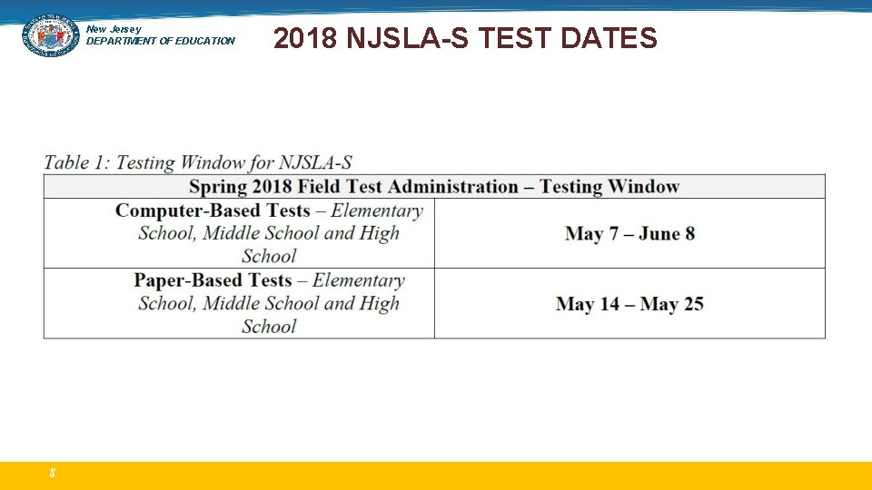 New Jersey DEPARTMENT OF EDUCATION 8 2018 NJSLA-S TEST DATES 