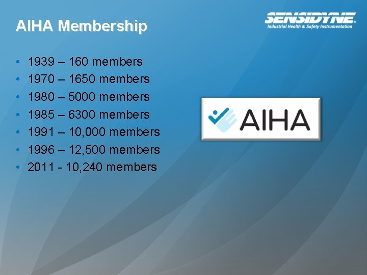 AIHA Membership • • 1939 – 160 members 1970 – 1650 members 1980 –
