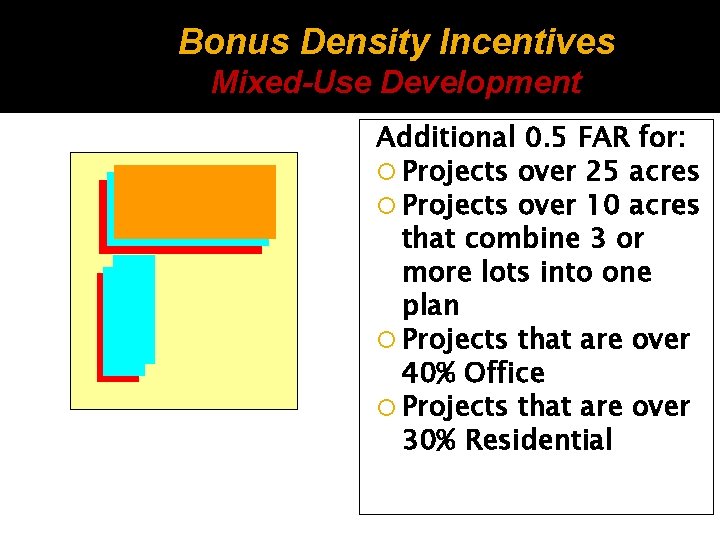 Bonus Density Incentives Mixed-Use Development Additional 0. 5 FAR for: Projects over 25 acres Bonus Density Incentives Mixed-Use Development Additional 0. 5 FAR for: Projects over 25 acres
