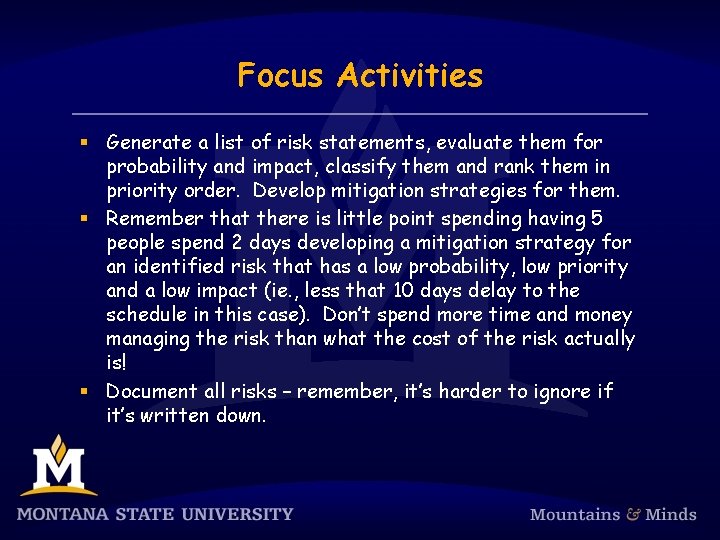 Focus Activities § Generate a list of risk statements, evaluate them for probability and