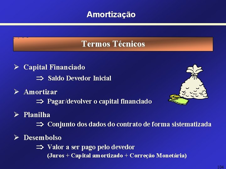 Amortização Termos Técnicos Ø Capital Financiado Saldo Devedor Inicial Ø Amortizar Pagar/devolver o capital Amortização Termos Técnicos Ø Capital Financiado Saldo Devedor Inicial Ø Amortizar Pagar/devolver o capital