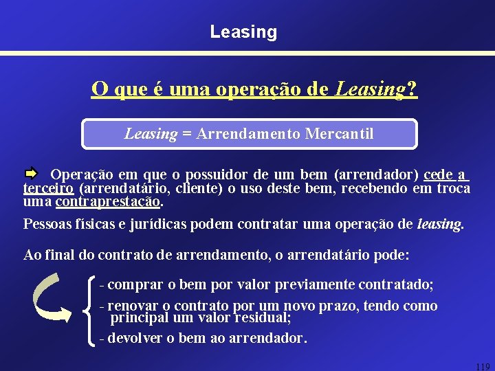 Leasing O que é uma operação de Leasing? Leasing = Arrendamento Mercantil Operação em Leasing O que é uma operação de Leasing? Leasing = Arrendamento Mercantil Operação em