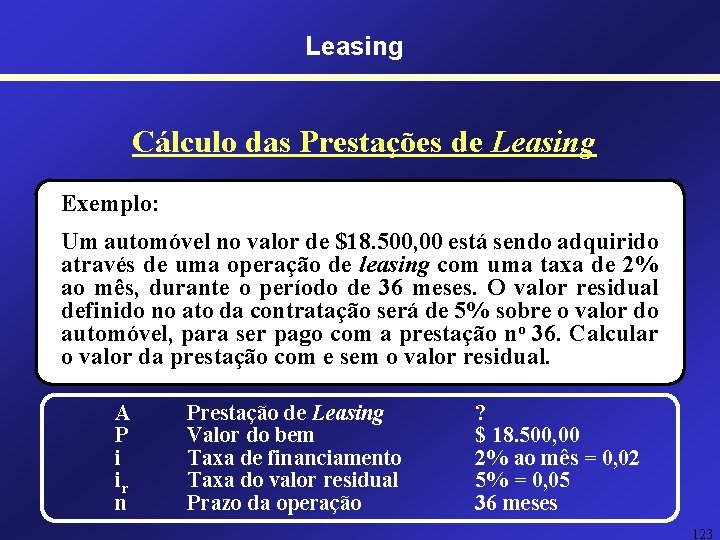 Leasing Cálculo das Prestações de Leasing Exemplo: Um automóvel no valor de $18. 500, Leasing Cálculo das Prestações de Leasing Exemplo: Um automóvel no valor de $18. 500,