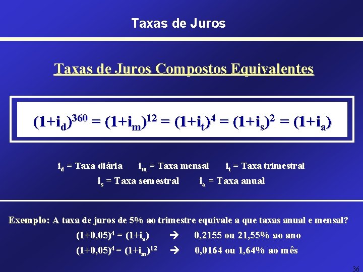 Taxas de Juros Compostos Equivalentes (1+id)360 = (1+im)12 = (1+it)4 = (1+is)2 = (1+ia) Taxas de Juros Compostos Equivalentes (1+id)360 = (1+im)12 = (1+it)4 = (1+is)2 = (1+ia)